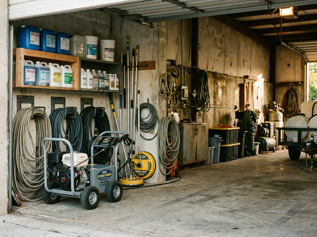 Pressure washing equipment and tools ready for exterior cleaning work, showcasing the trade setup for residential and commercial projects.
