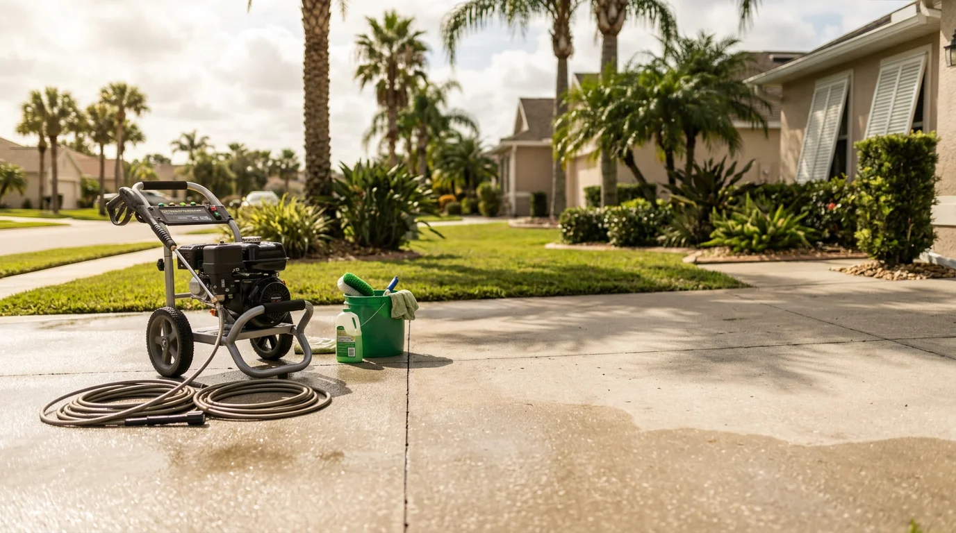 Professional pressure washing equipment cleaning a residential driveway