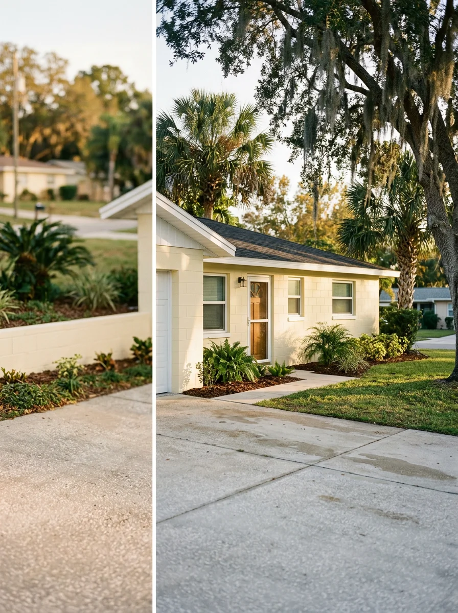 A mid-century concrete block home in a Daytona Beach residential neighborhood with a freshly soft-washed exterior and clean concrete driveway, surrounded by mature Florida trees.