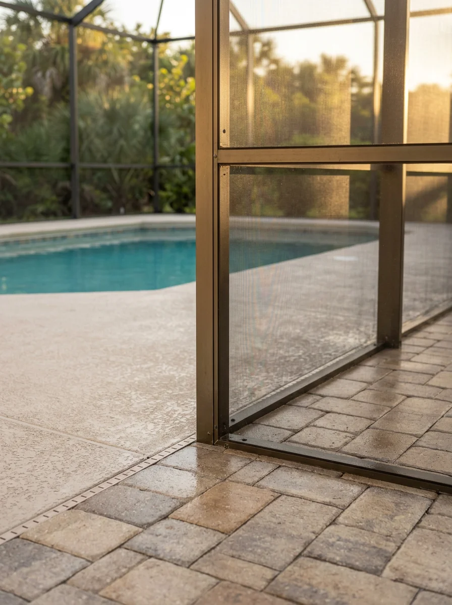 Close-up of a Flagler Beach screen enclosure and pool deck after professional cleaning, showing clear mesh panels and clean pavers free of salt residue and algae.
