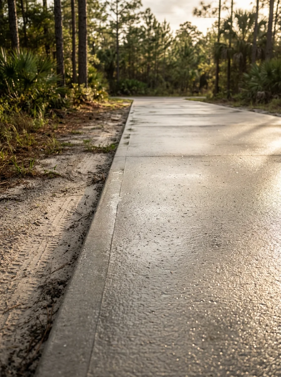 A concrete driveway at an inland Flagler County home near Bunnell after professional cleaning, showing restored gray concrete free of green algae staining with Florida pine trees in the background.