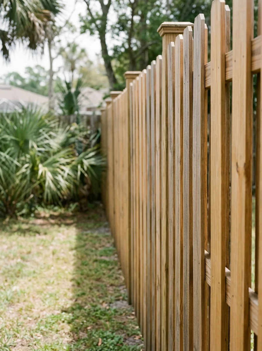 A wood privacy fence along the side yard of an Ormond Beach residential property after professional fence cleaning, showing restored color free of green algae and mildew staining.