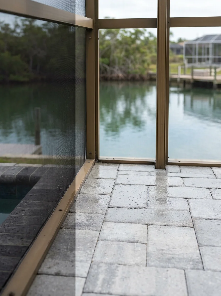 Close-up of a Palm Coast canal-front pool deck and screen enclosure after professional cleaning, showing clean pavers and clear mesh panels with the waterway visible behind.