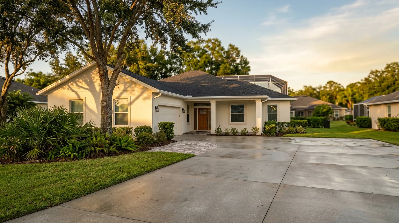 A single-story stucco home in a Palm Coast subdivision with a freshly soft-washed exterior, clean concrete driveway, and a screened pool enclosure visible in the background.