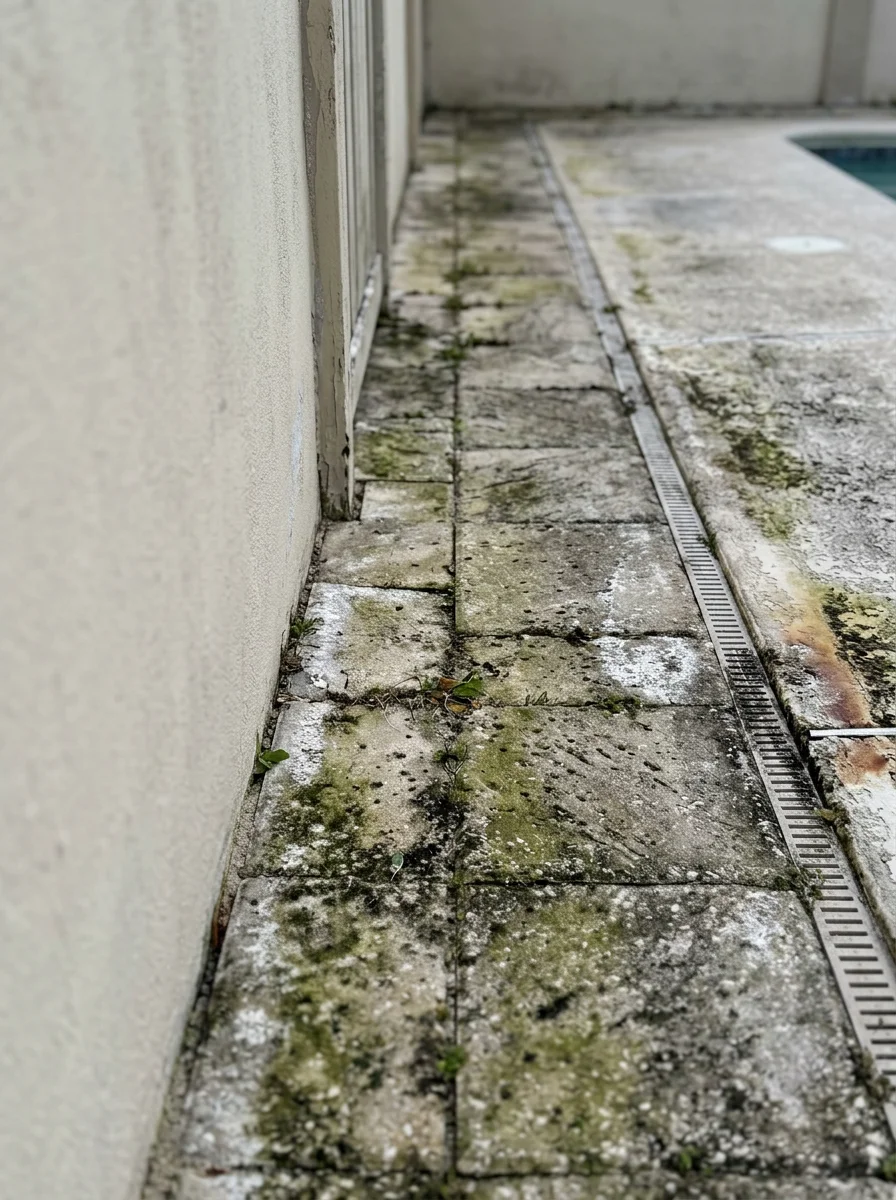 Algae-covered concrete driveway and pool deck in St Augustine Beach coastal neighborhood