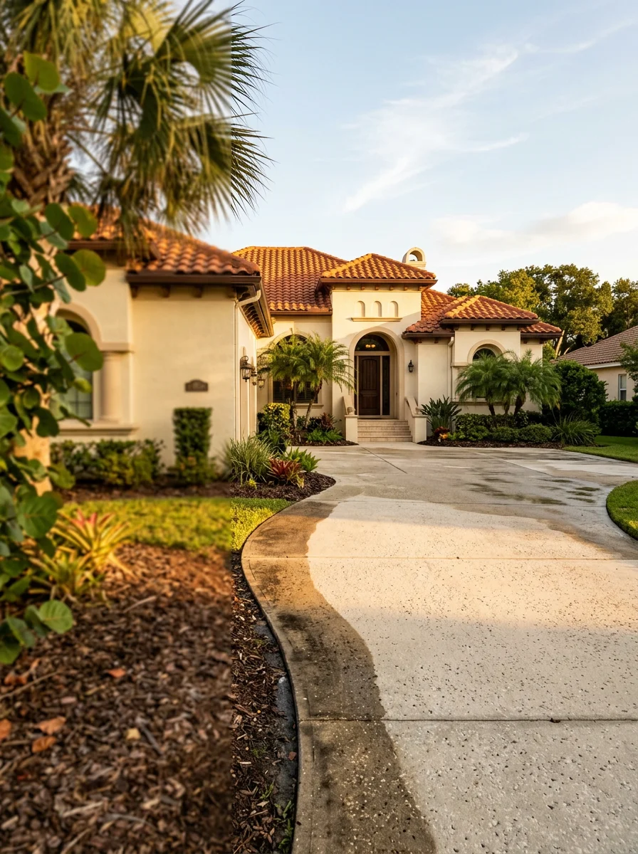 A modern stucco home in a St. Augustine master-planned community with a freshly cleaned concrete tile roof and washed driveway, surrounded by Florida landscaping.
