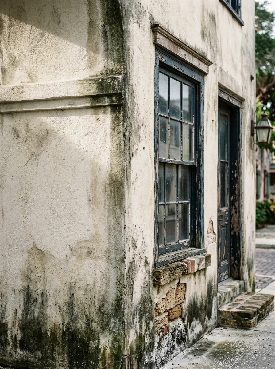 Historic St. Augustine storefront with algae and salt deposits on stucco facade before professional soft washing