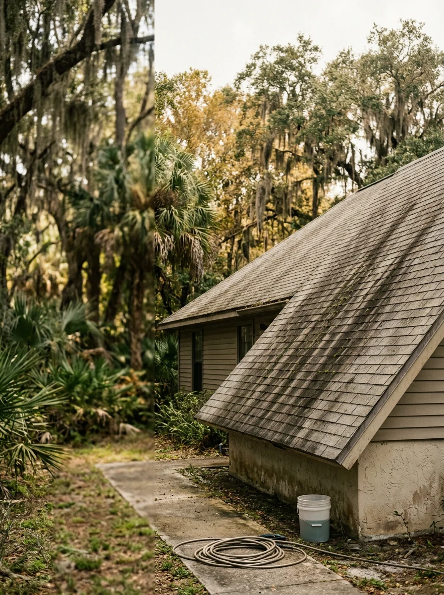 Inland Deltona residential property with algae-covered roof and humid landscape, demonstrating moisture-driven exterior deterioration