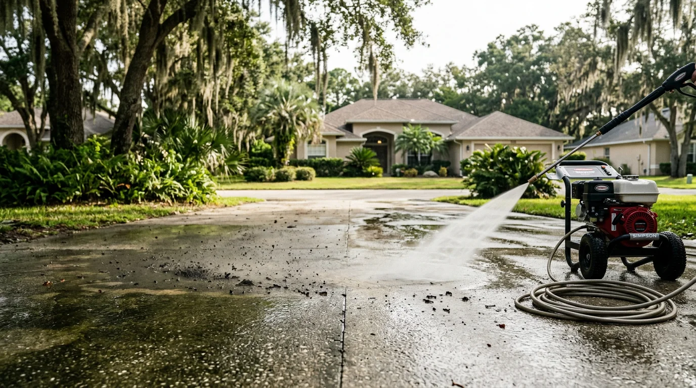 A Palm Coast home exterior showing before and after algae removal, with green and black staining cleared from the siding and concrete driveway. Freshwater Finish pressure washing service restoring the property's clean appearance in Flagler County, Florida.