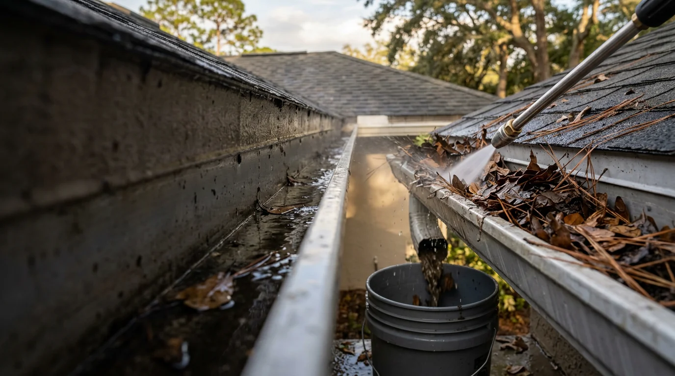 A Freshwater Finish crew member clearing packed pine needles and oak leaf debris from a residential gutter on a Palm Coast home. The cleaned gutter channel shows open, unobstructed drainage after service.