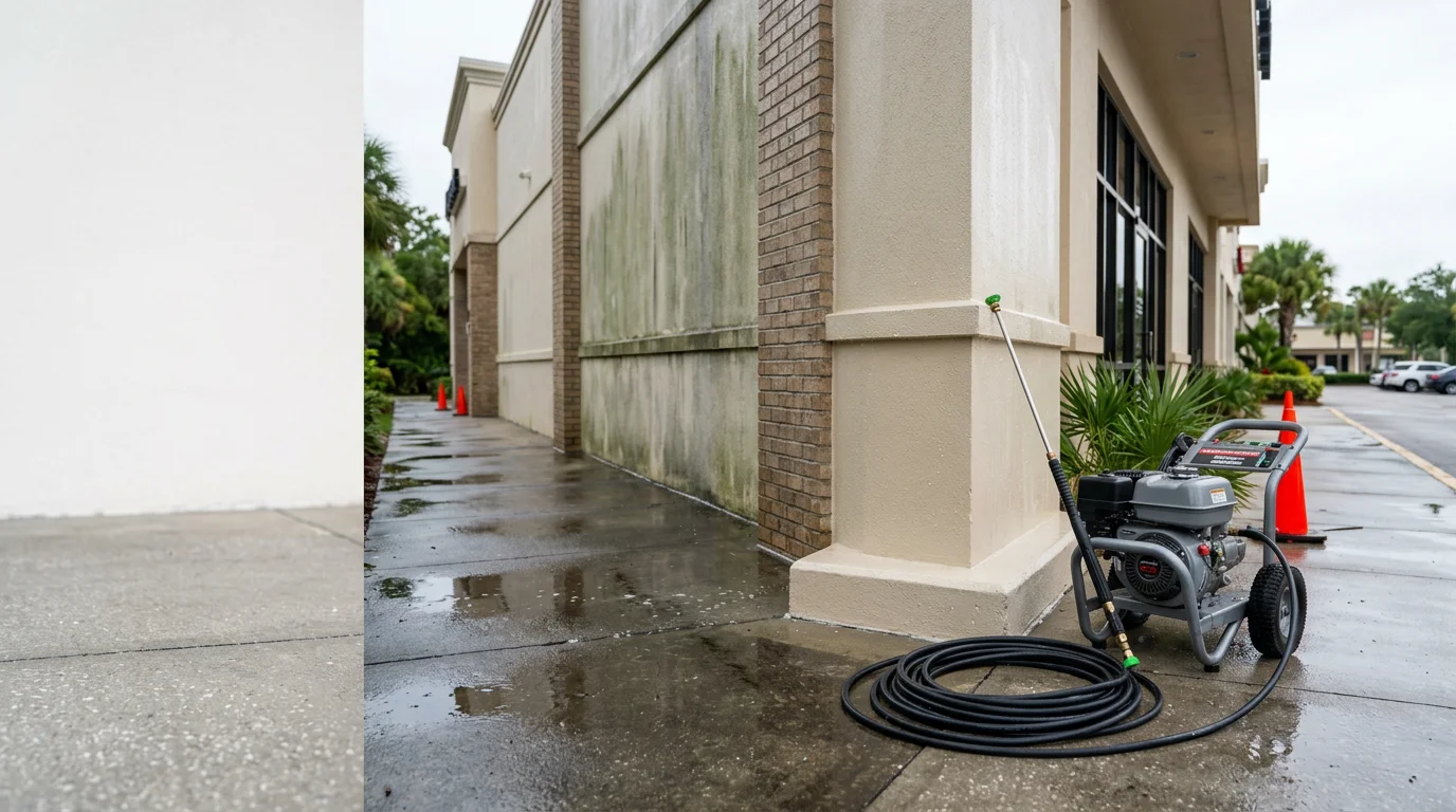 A commercial building exterior in Palm Coast, Florida being pressure washed, showing clean concrete walkways and a freshly washed building facade free of algae and mildew staining.