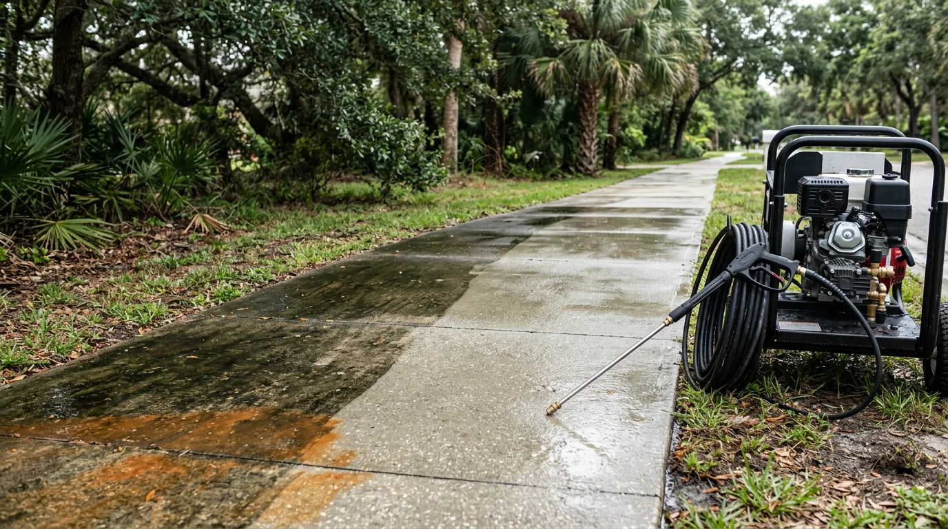 A Palm Coast residential concrete sidewalk and driveway after professional pressure washing by Freshwater Finish, showing dark algae stains and organic buildup fully cleared from the surface. Clean, bright concrete runs from the street to the front entry of a Florida home surrounded by mature landscaping.