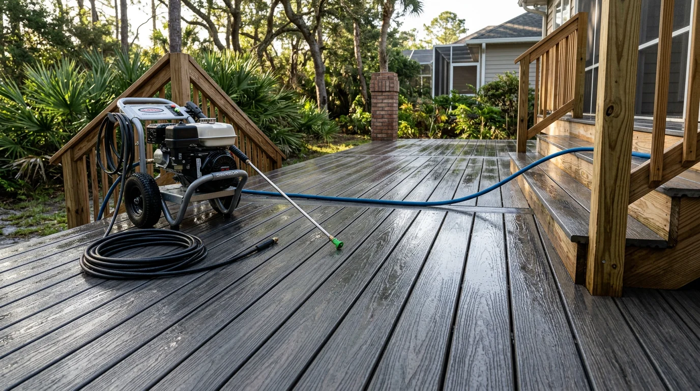 A wood deck in Palm Coast, Florida after professional cleaning, showing restored board color with algae and gray weathering removed. Railings and steps are clean and uniform alongside the main deck surface.