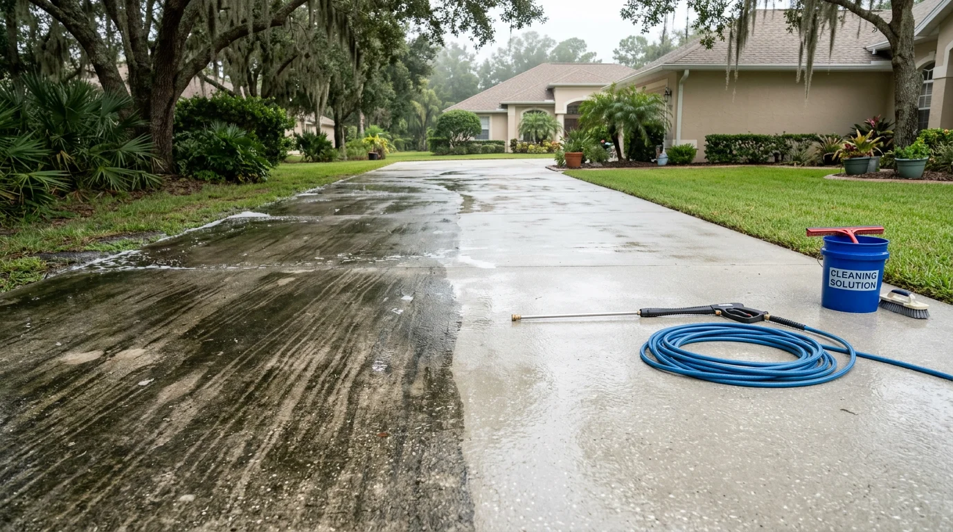 A Palm Coast concrete driveway after professional pressure washing, showing clean, bright surface free of dark algae streaks and staining. Freshwater Finish driveway pressure washing service in Flagler County, Florida.