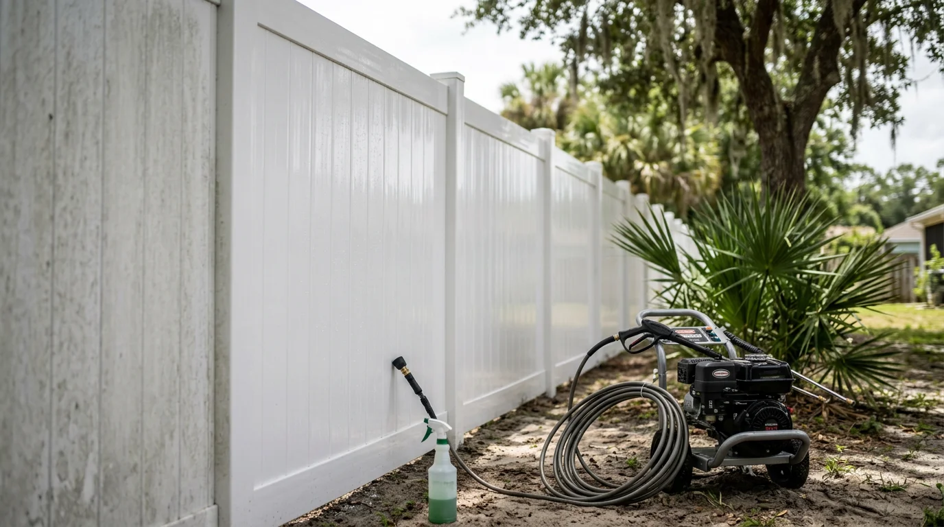 A vinyl privacy fence in a Palm Coast residential yard after professional cleaning, showing a clean white surface free of green algae and mildew staining. The fence runs along a shaded backyard typical of Flagler County planned communities.