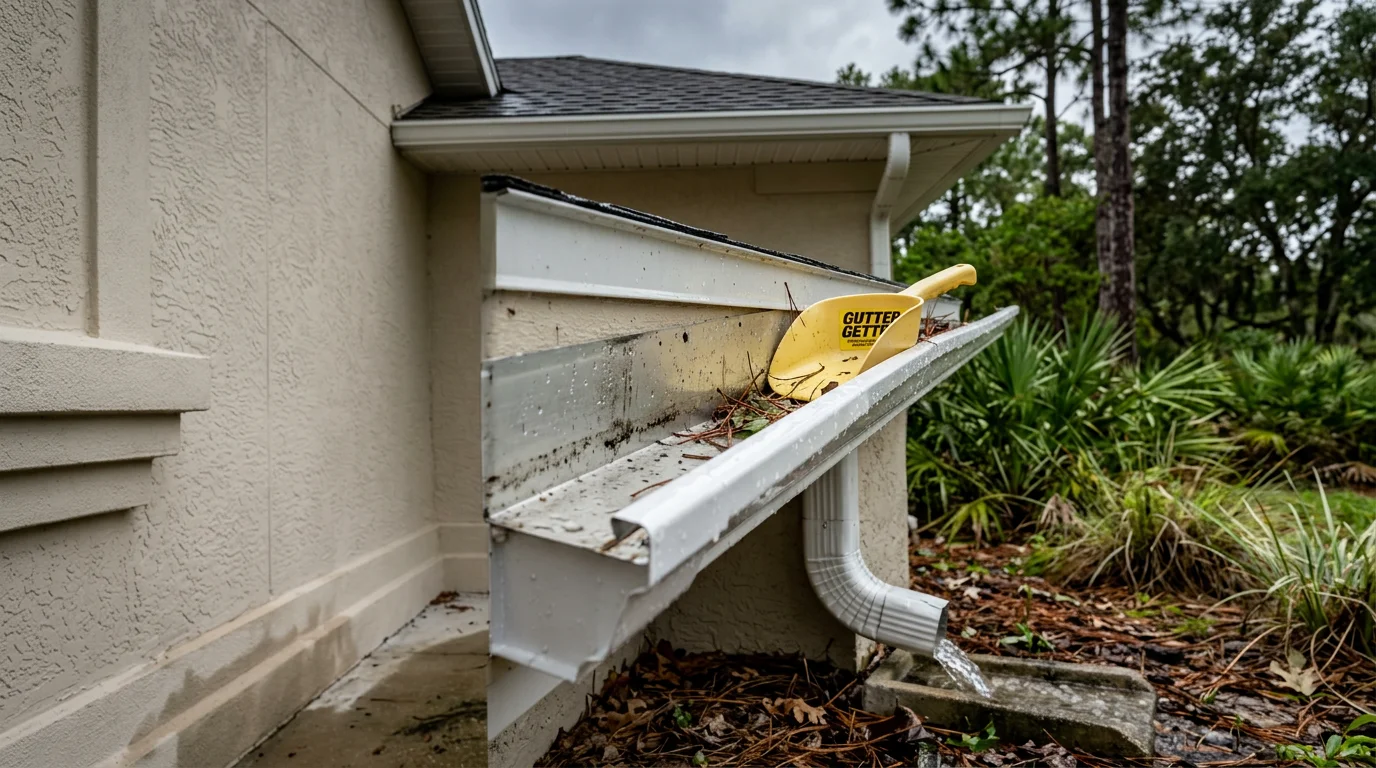 A Freshwater Finish crew member clearing packed pine needle and leaf debris from a residential gutter on a Palm Coast home. Clean downspouts are visible against the exterior wall with Florida tree canopy in the background.