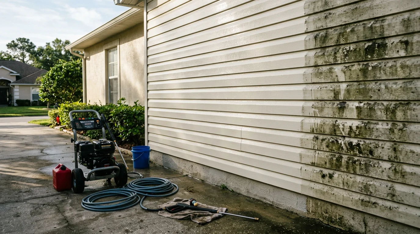 A Palm Coast home exterior showing clean, streak-free vinyl siding after professional pressure washing by Freshwater Finish. The front facade is free of green algae and mildew that commonly builds up on Flagler County homes in the humid Florida climate.