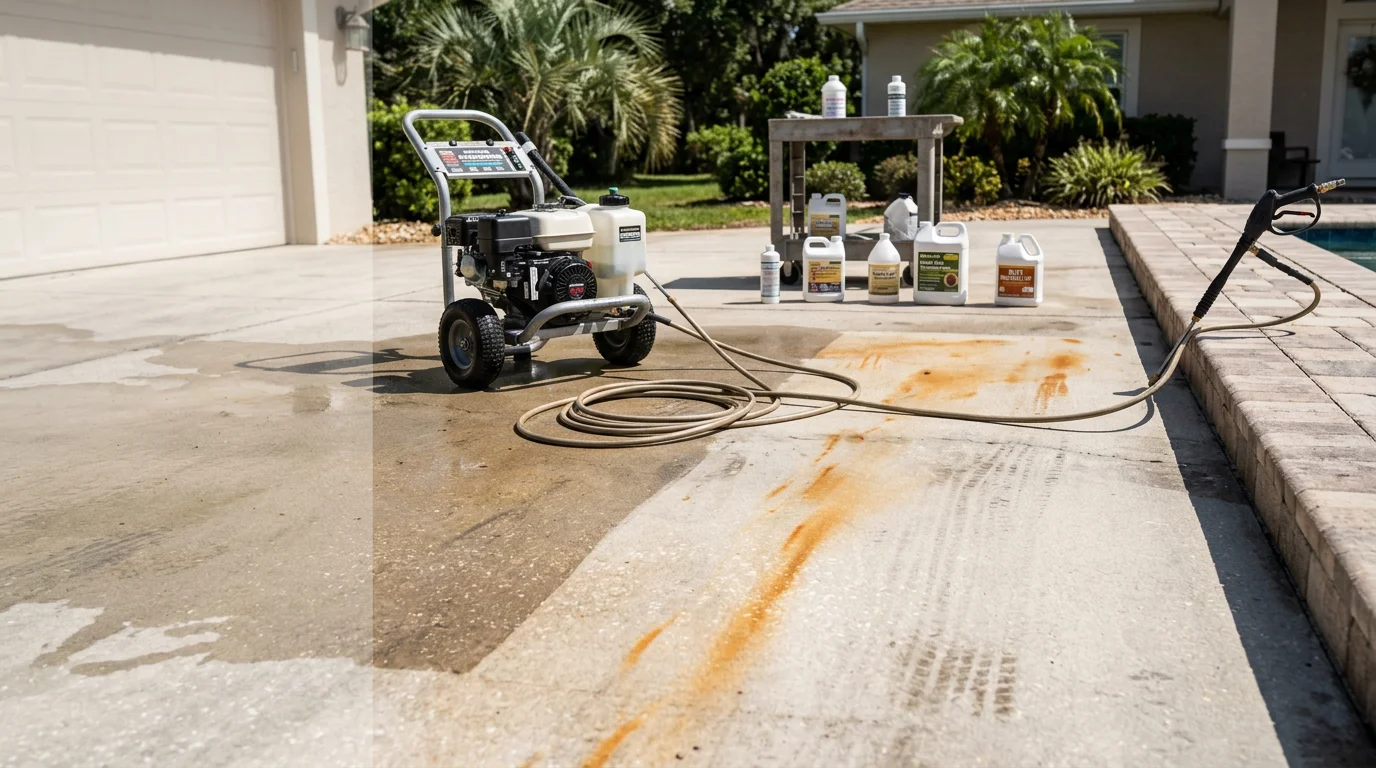 Orange iron stains on a concrete driveway in Palm Coast, Florida, before and after professional iron stain removal treatment by Freshwater Finish. The cleaned surface shows even, stain-free concrete with no visible rust discoloration.