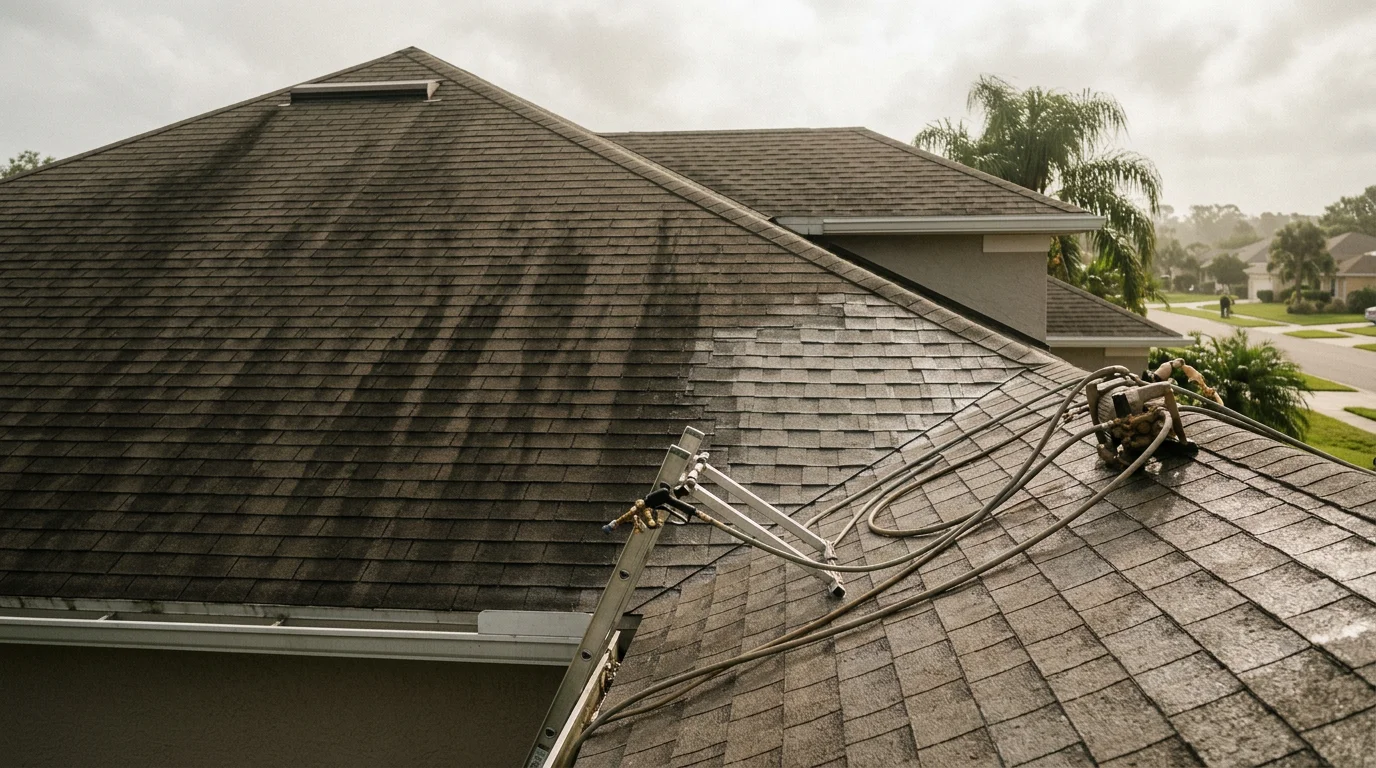 A Palm Coast residential roof with dark algae streaks being treated by a Freshwater Finish technician using low pressure soft wash equipment. The before-and-after contrast shows clean shingles restored without visible damage to the roof surface.