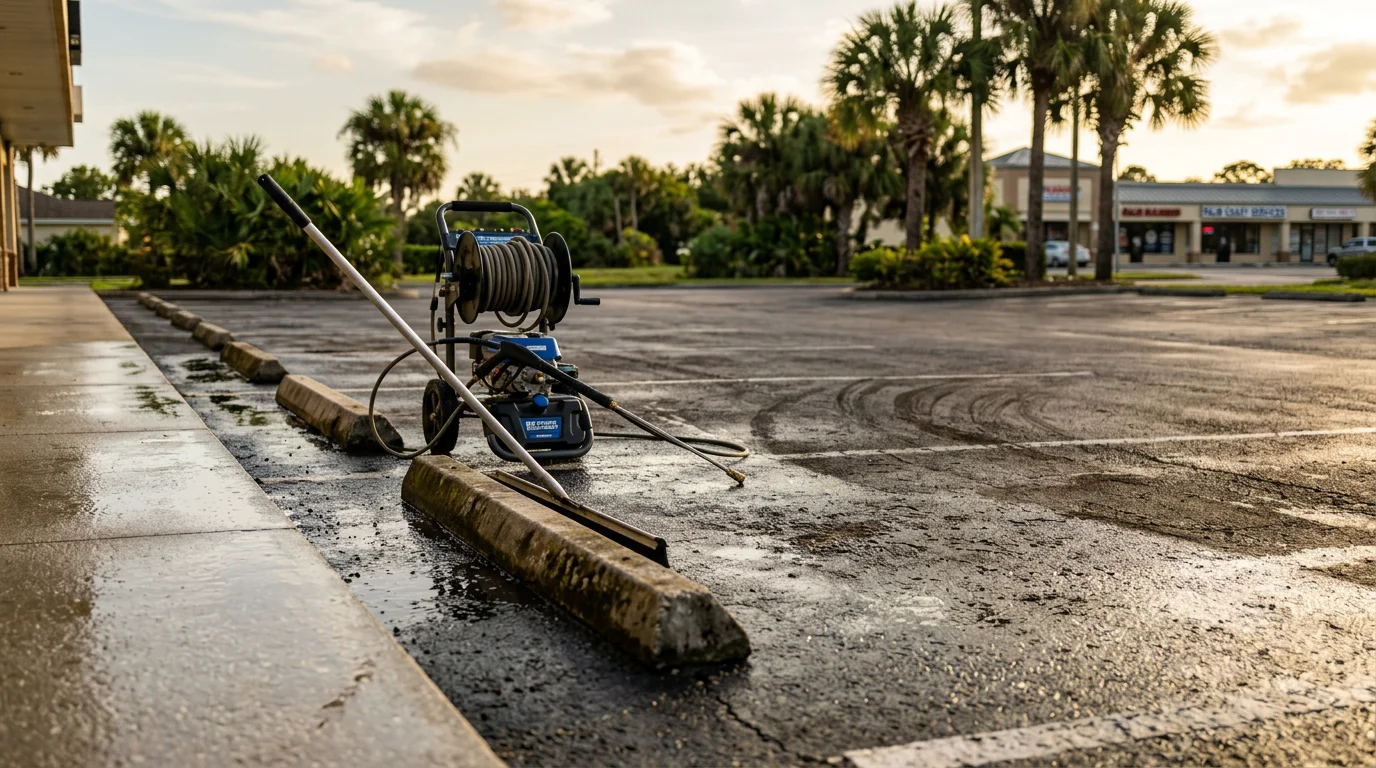 A commercial parking lot in Palm Coast, Florida after professional pressure washing, showing clean asphalt free of oil stains, tire marks, and algae. The freshly washed surface contrasts with the surrounding vegetation typical of Flagler County commercial properties.