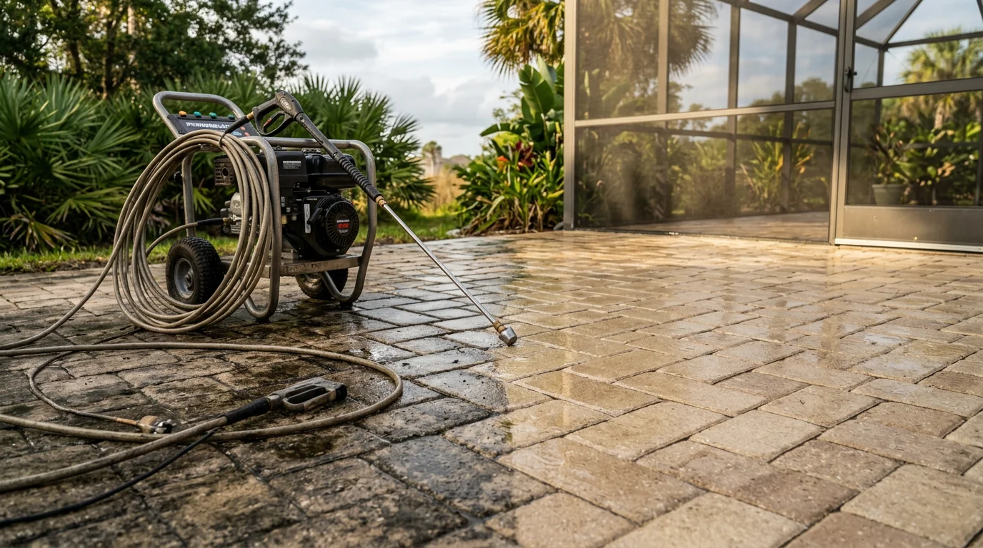 A Palm Coast residential patio after professional cleaning, showing concrete free of green algae staining and dark mildew patches. The surface is visibly clean and dry, with a screened lanai in the background typical of Flagler County homes.