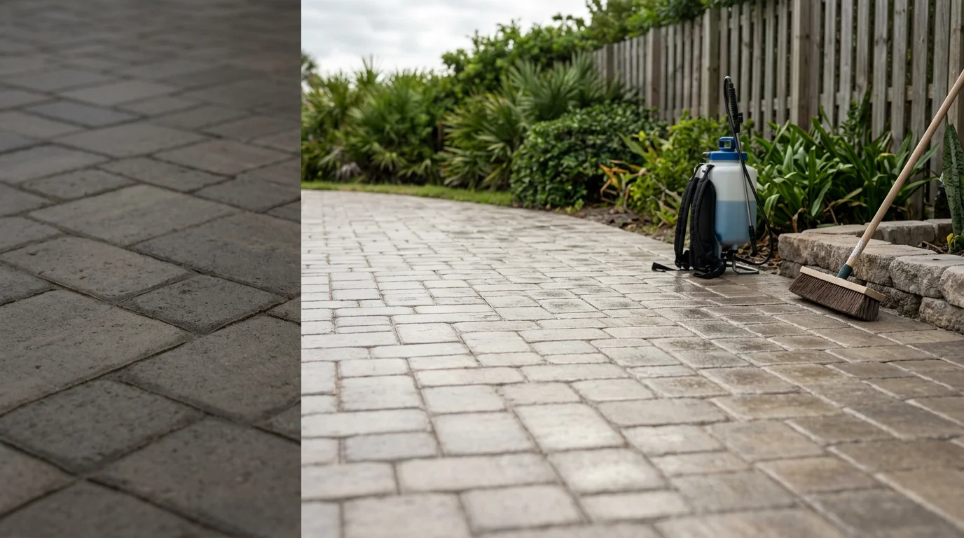 A freshly sealed paver pool deck and driveway at a Palm Coast, Florida home, showing restored color and an even surface finish after professional cleaning and sealing. The pavers show no visible mildew, joint sand loss, or fading typical of Florida coastal weather exposure.