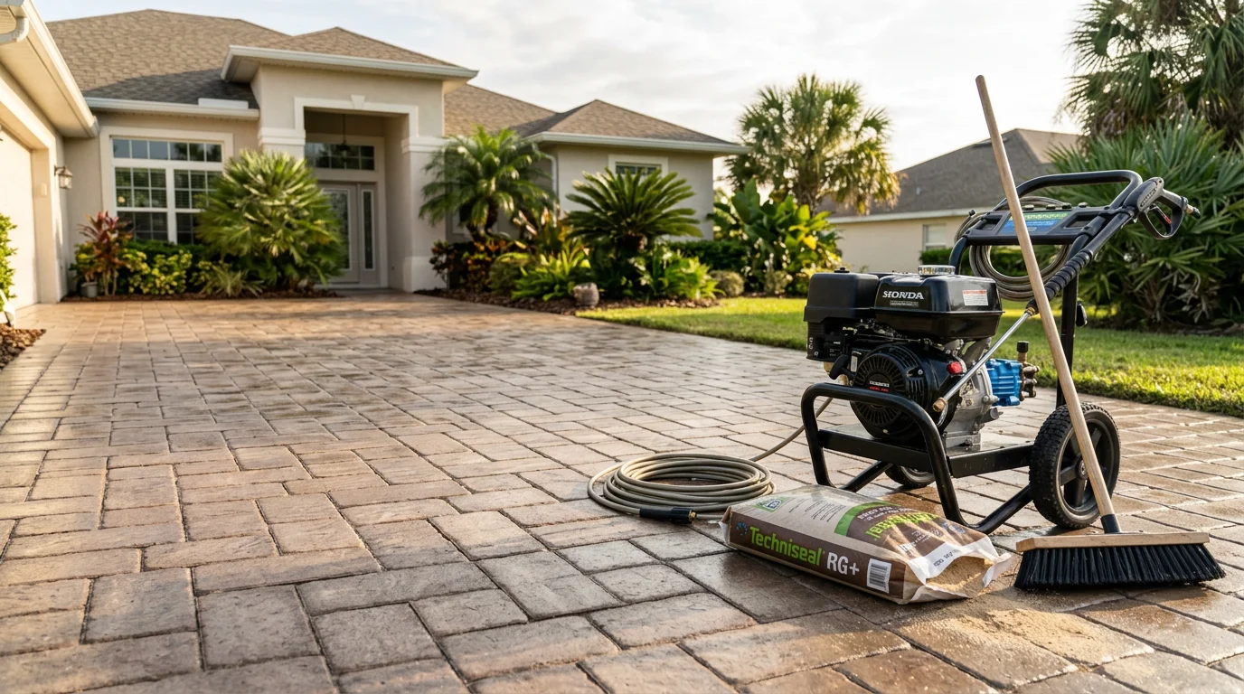 Freshwater Finish technician applying protective sealer to a brick paver driveway in Palm Coast, Florida, with clean, restored pavers showing even color after deep cleaning and re-sanding.