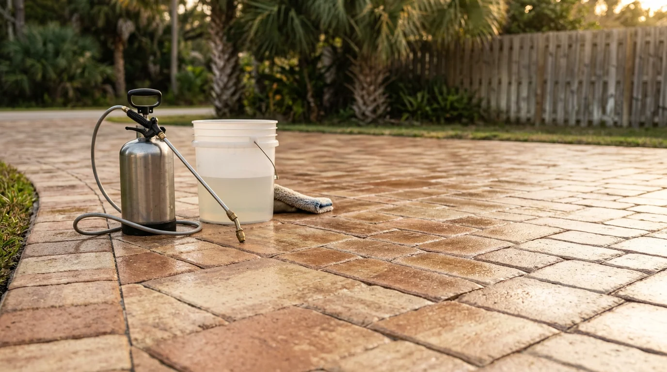 Freshwater Finish technician applying sealer to a residential paver driveway in Palm Coast, Florida, with the finished surface showing restored color and a clean, even sheen.