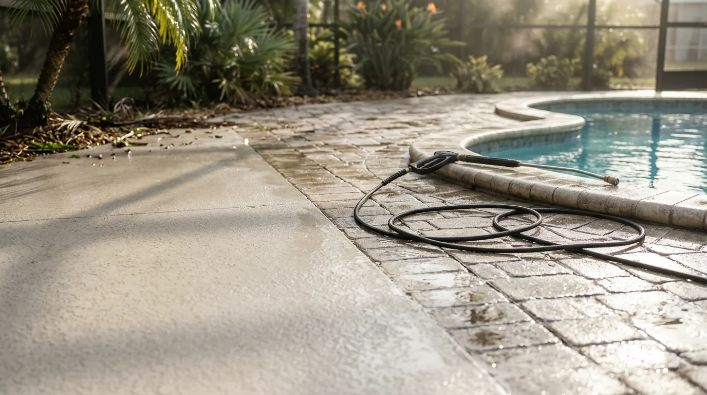 A clean pool deck surface in Palm Coast, Florida, with algae and organic staining removed from concrete and paver areas surrounding a residential pool. The deck perimeter and coping edges show a uniform, restored appearance after professional cleaning by Freshwater Finish.