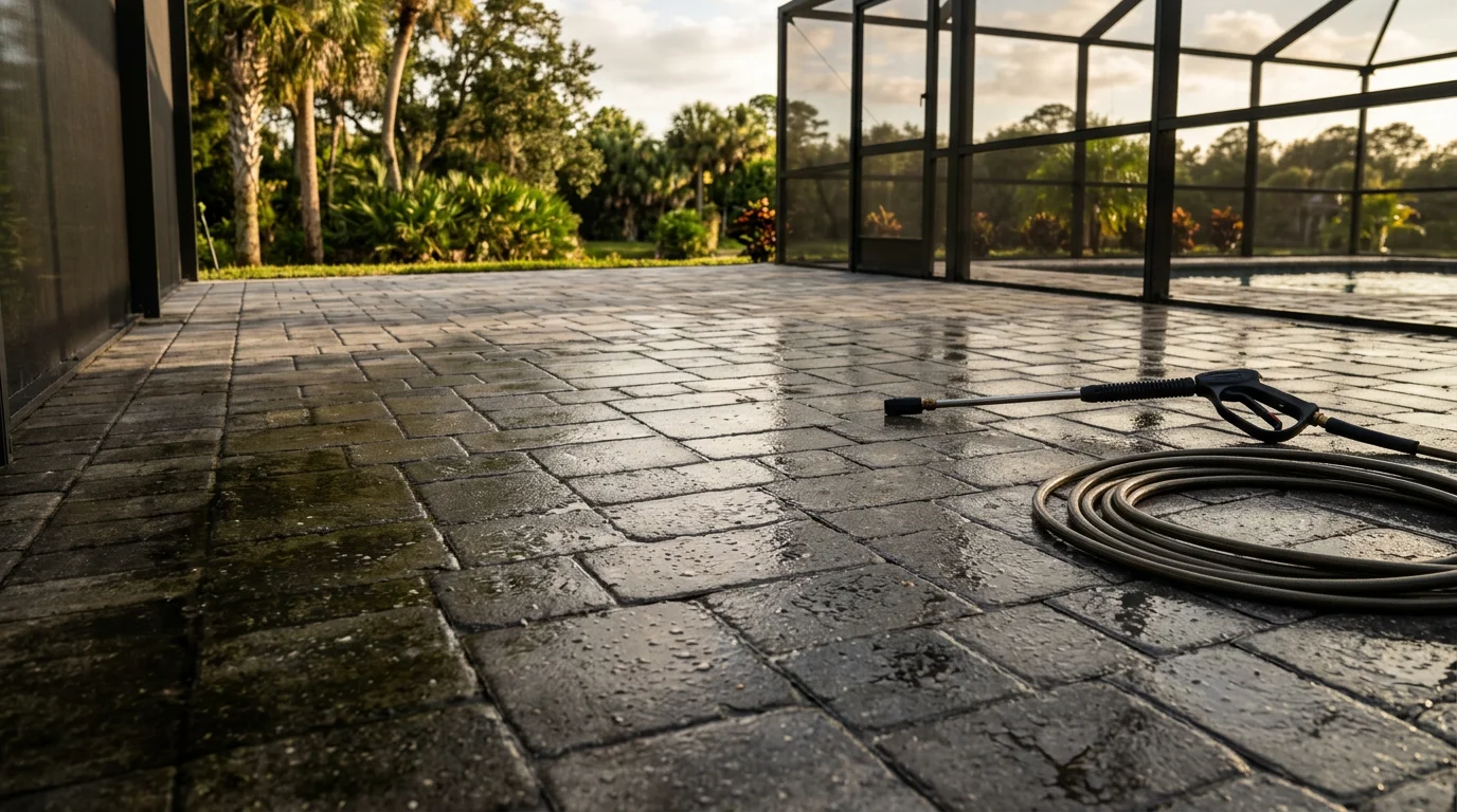 A Palm Coast pool deck and aluminum screen enclosure after professional pressure washing, showing clean concrete pavers, clear screen panels, and algae-free framing. The pool area is dry, bright, and free of green buildup along the base of the enclosure.