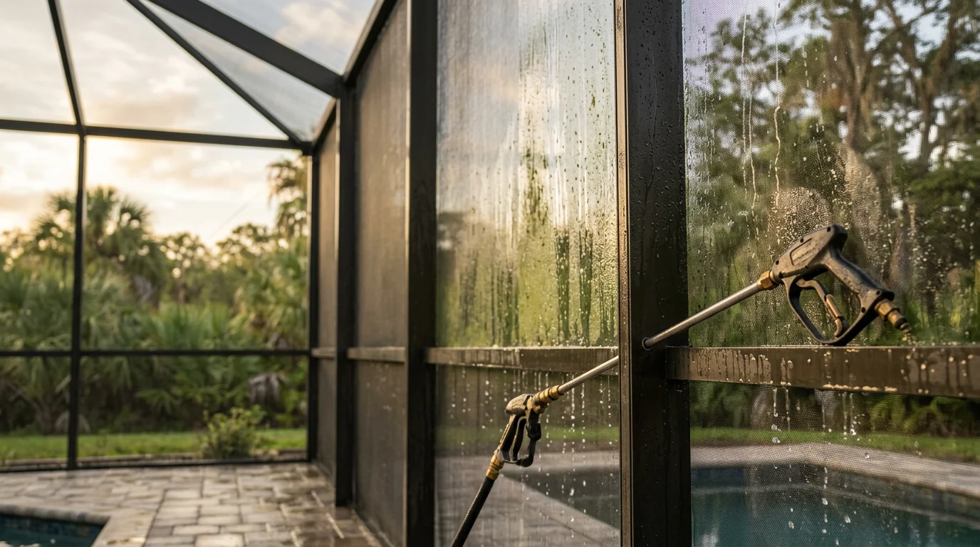 A Palm Coast pool enclosure with clean, clear screen panels and bright aluminum framing after professional soft wash cleaning by Freshwater Finish. Green algae and mold buildup have been fully removed from the mesh and frame joints.