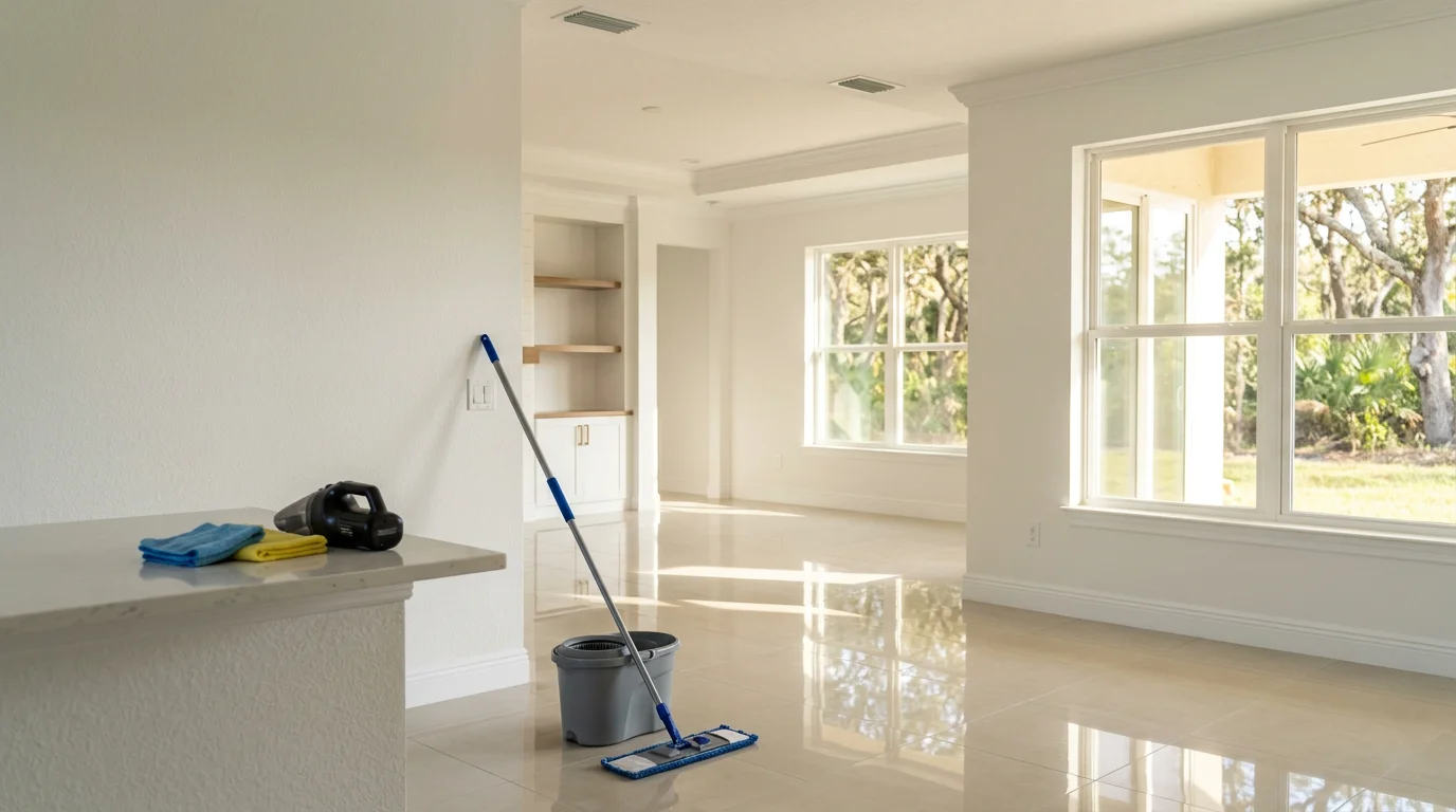 A freshly cleaned new construction home interior in Palm Coast, Florida, with spotless floors, dust-free baseboards, and clear windows after post construction cleaning by Freshwater Finish.