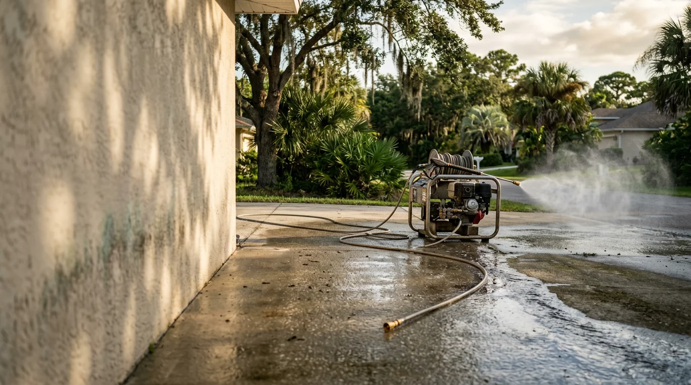 A Palm Coast residential driveway being pressure washed by Freshwater Finish, with dark algae and mold staining visibly cleared from the concrete surface. The before-and-after contrast shows bright, clean concrete restored on a Flagler County home exterior.
