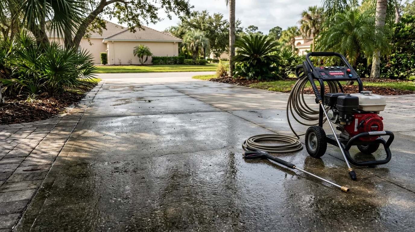 A Palm Coast home driveway and exterior siding after professional power washing, showing clean concrete and algae-free stucco against a Florida coastal backdrop. Before-and-after contrast visible on the shaded side of the property where mold and green algae buildup has been fully removed.