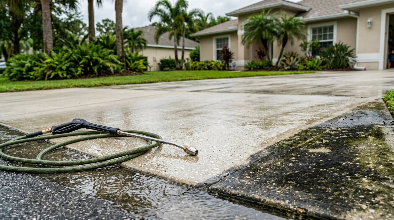 A Palm Coast residential home exterior after professional pressure washing, showing clean stucco siding and a clear walkway with no algae or dark staining. Freshwater Finish residential pressure washing service in Flagler County, Florida.