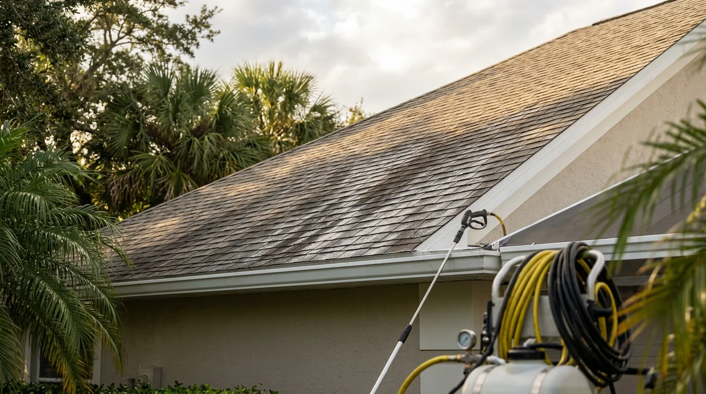 A Palm Coast residential roof after soft wash cleaning, showing shingles restored to an even color with algae streaks and dark staining fully removed. The home exterior is visible against a clear Florida sky.