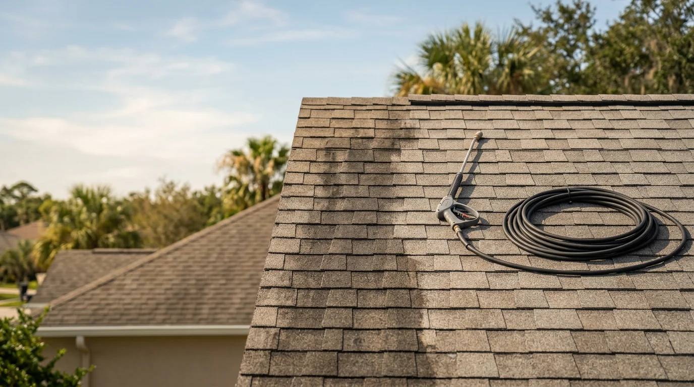 A Palm Coast residential roof after soft washing, showing clean shingles free of black algae streaks and organic staining. The roofline is clear and even in color against a bright Florida sky.