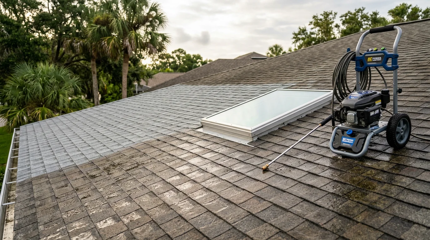 A Palm Coast home rooftop and skylight after professional cleaning by Freshwater Finish, showing clear skylight glass and algae-free roof surface under Florida sun. Before-and-after contrast visible on the surrounding shingles where dark organic streaks have been removed.
