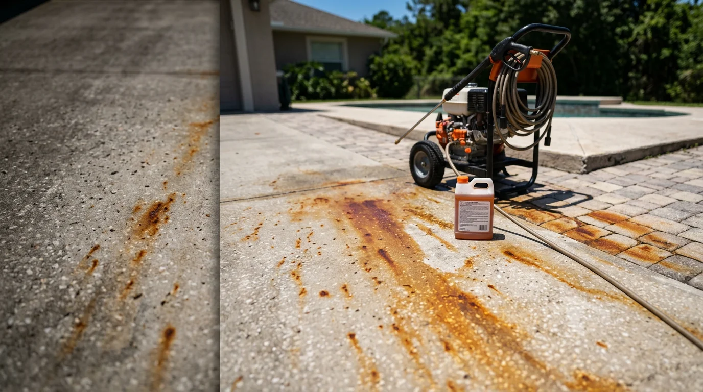 A Palm Coast concrete driveway showing heavy orange rust staining from irrigation overspray on the left side and a clean, restored surface on the right side after professional rust cleaning by Freshwater Finish. The property exterior includes a stucco home front and landscaped lawn typical of Flagler County residential neighborhoods.