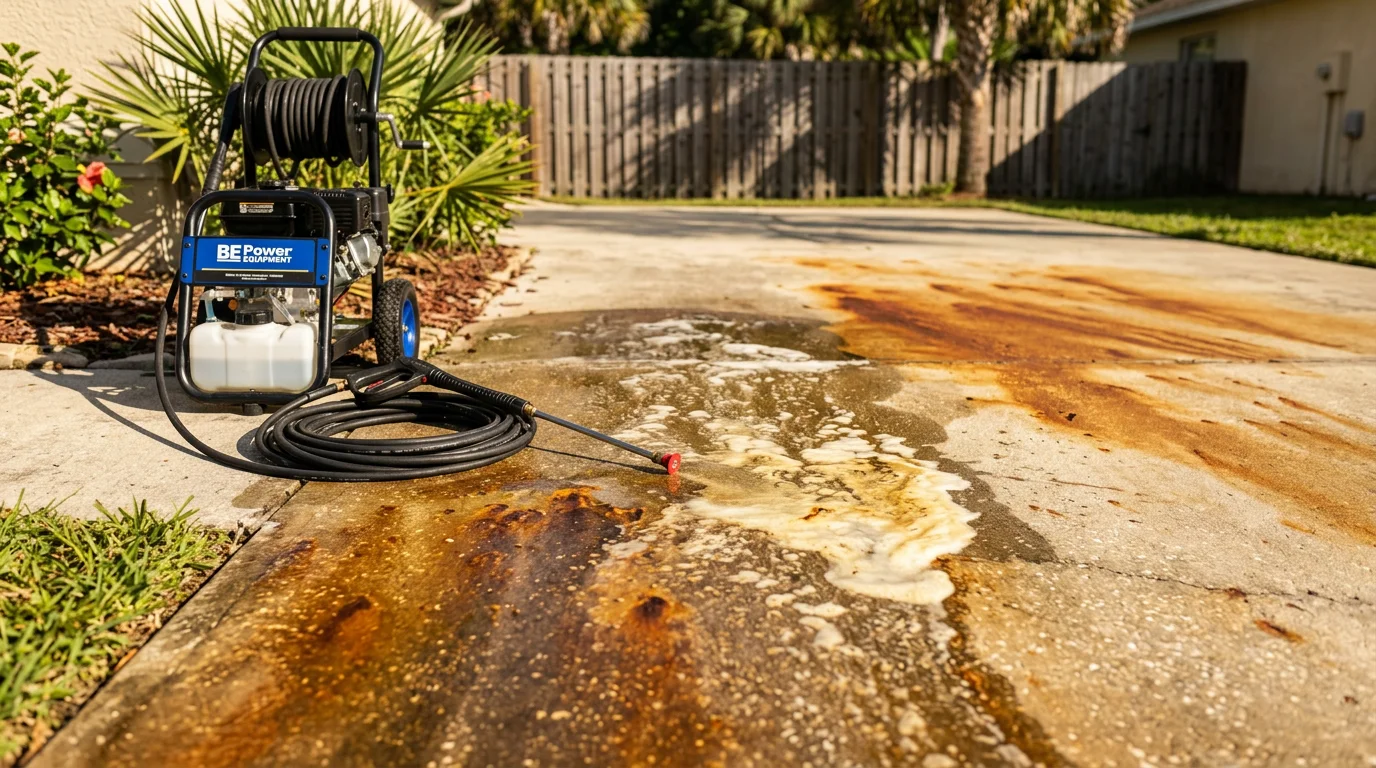 Before and after view of a Palm Coast concrete driveway showing orange rust stains from irrigation overspray on the left and a clean, evenly colored surface after professional rust stain removal on the right.