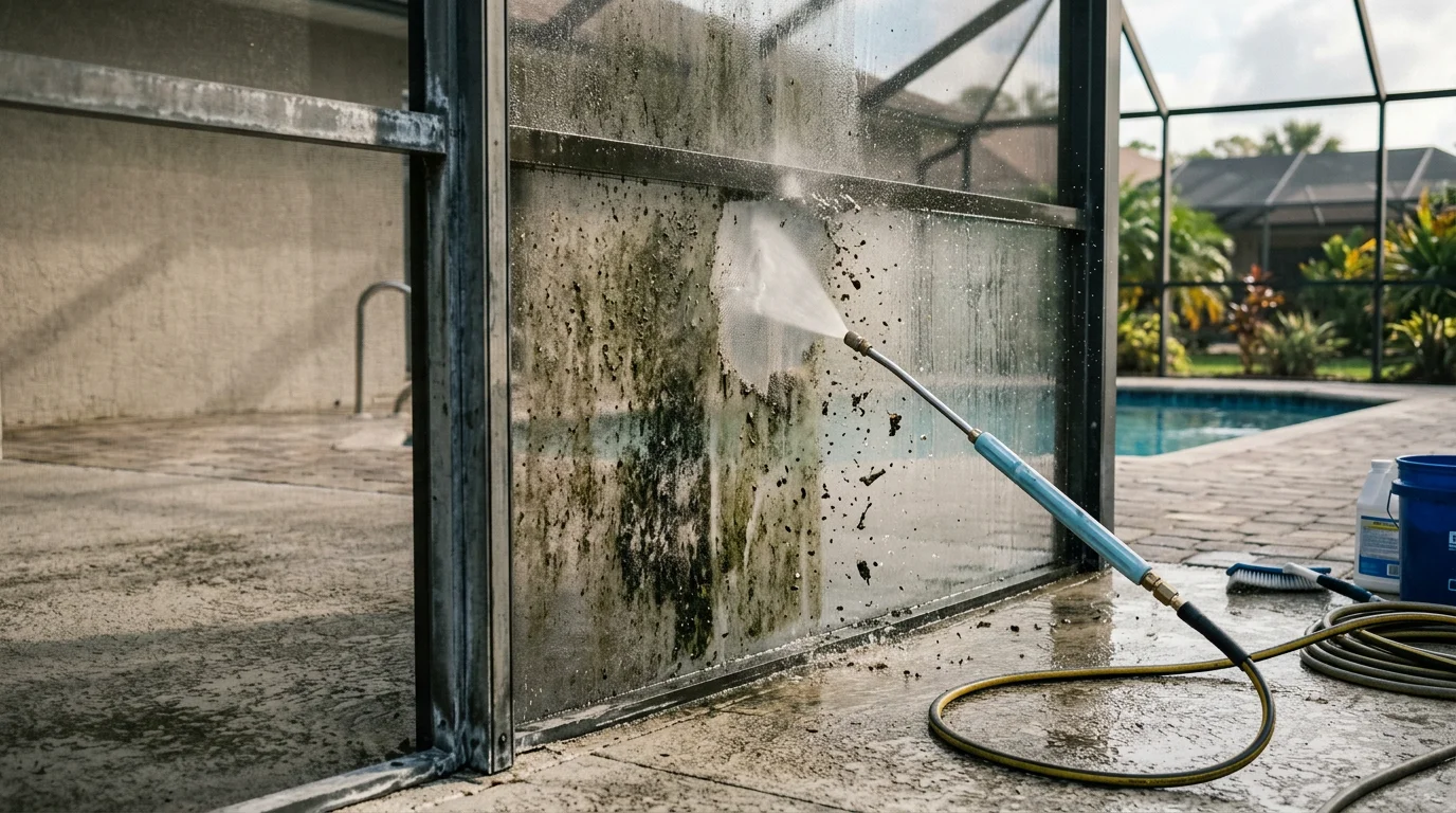 A Palm Coast pool cage screen enclosure after professional low-pressure cleaning by Freshwater Finish, showing bright, clear mesh panels and clean aluminum framing free of mold and pollen buildup.