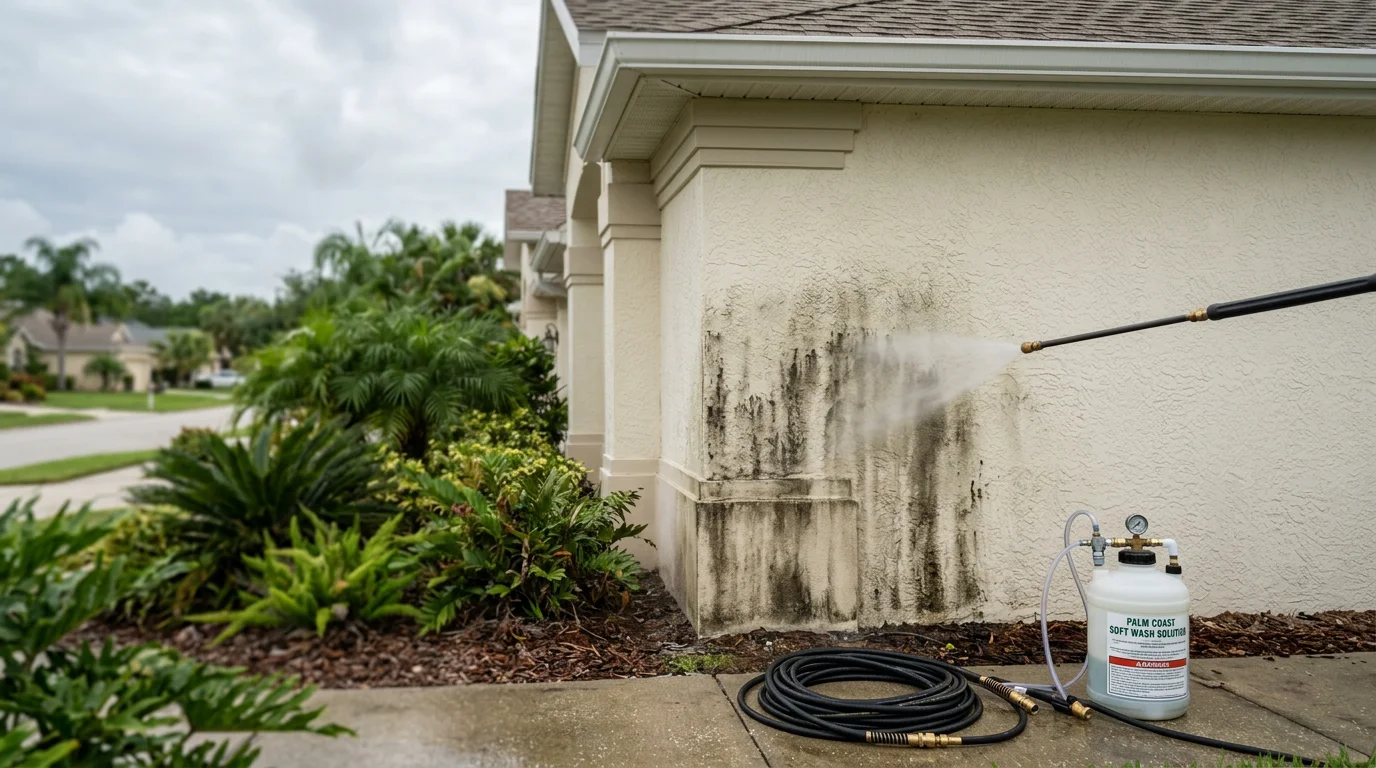 A Palm Coast home exterior after soft washing, showing clean white stucco siding and a clear roof free of green algae streaks and dark mold patches. A Freshwater Finish technician applies low-pressure soft wash solution to the front facade of a single-family home.