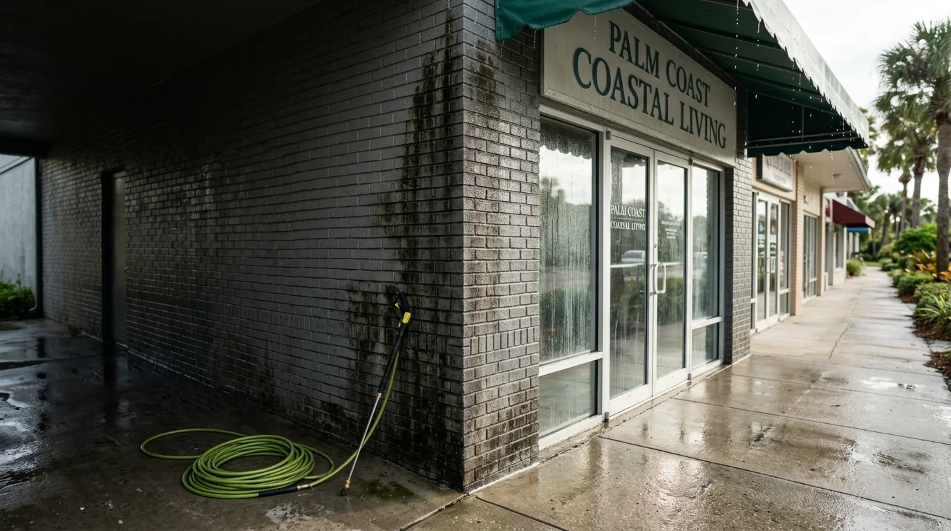 A Palm Coast retail storefront exterior after pressure washing, showing clean front walls, a clear entryway, and a sidewalk free of algae and dark staining. The building facade and signage panel appear freshly cleaned against a bright Florida sky.